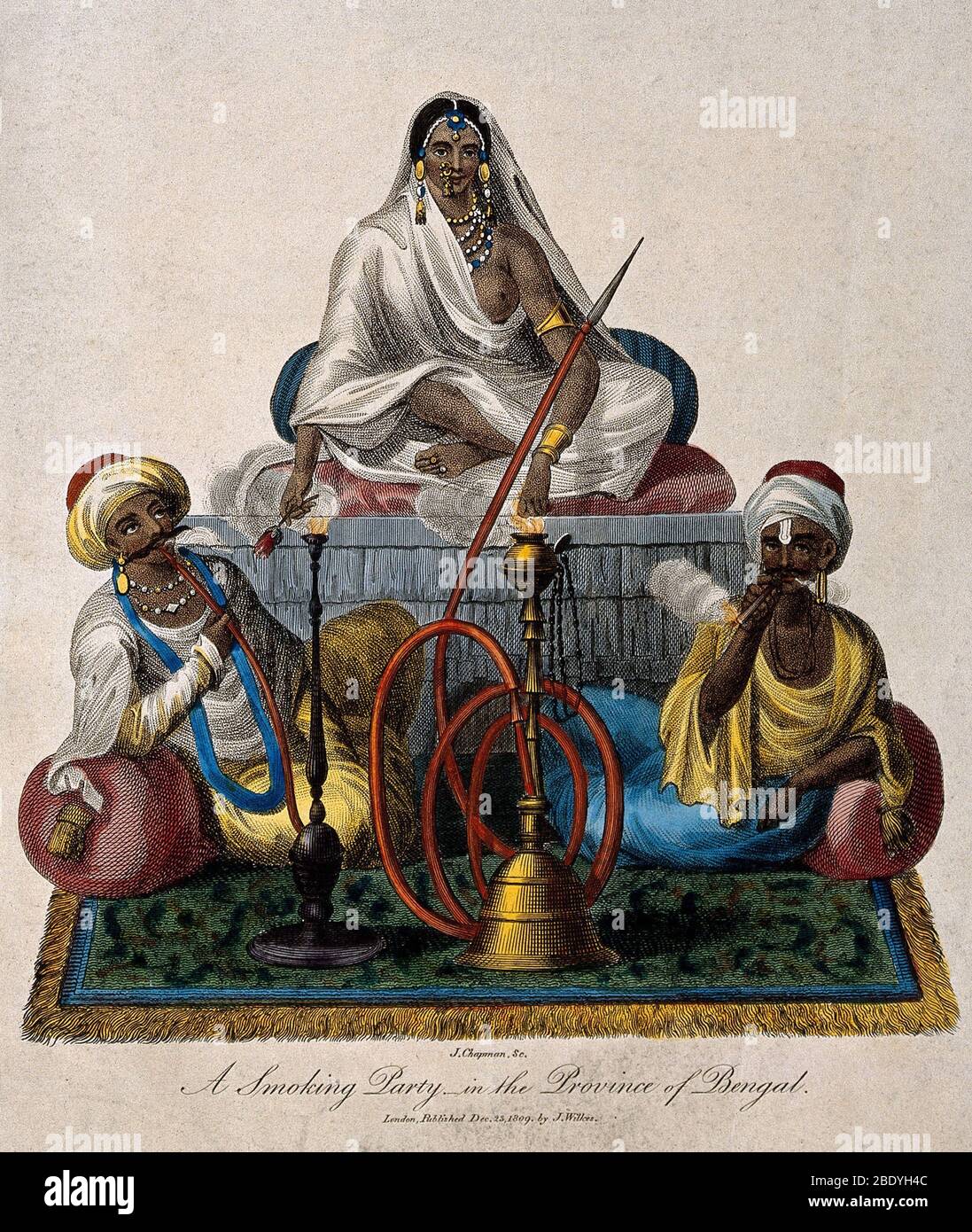 Indians Using Hookah and Smoking Cigar, 1809 Stock Photo