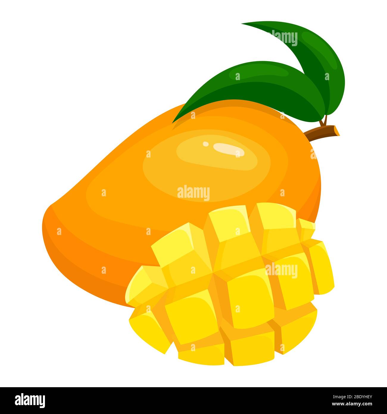 Fresh bright exotic whole and sliced mango isolated on white background