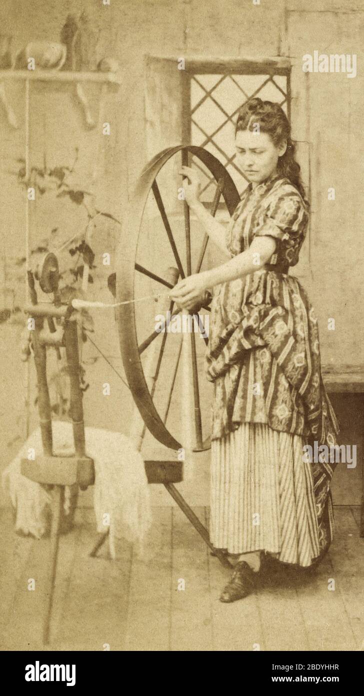 Old-Fashioned Spinning Wheel, 1874 Stock Photo