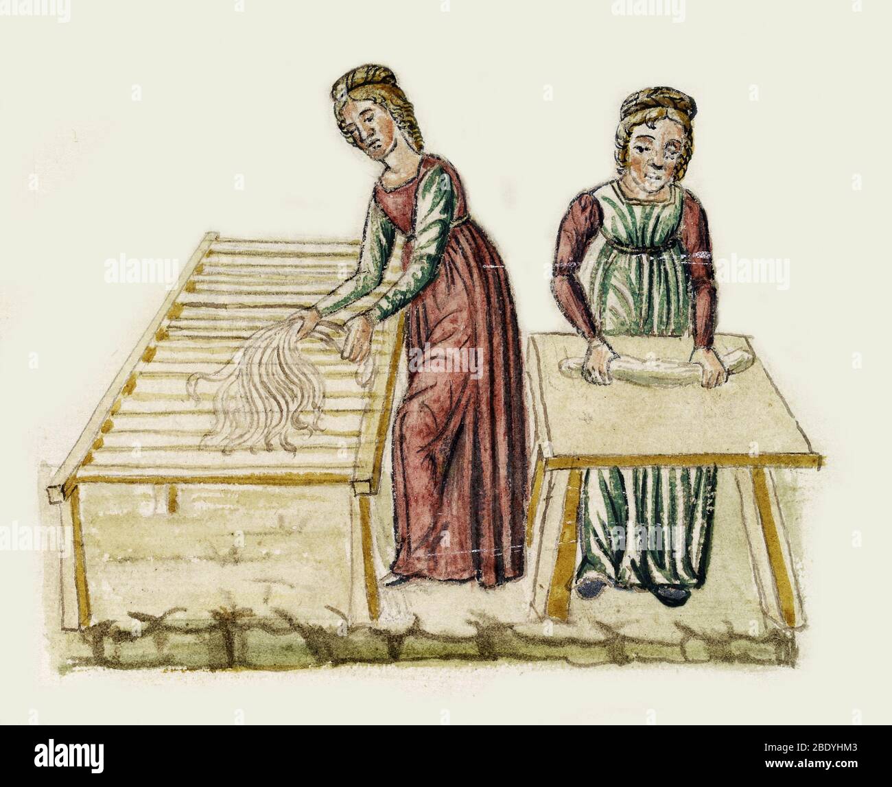 Two Women Making Pasta, 15th Century Stock Photo