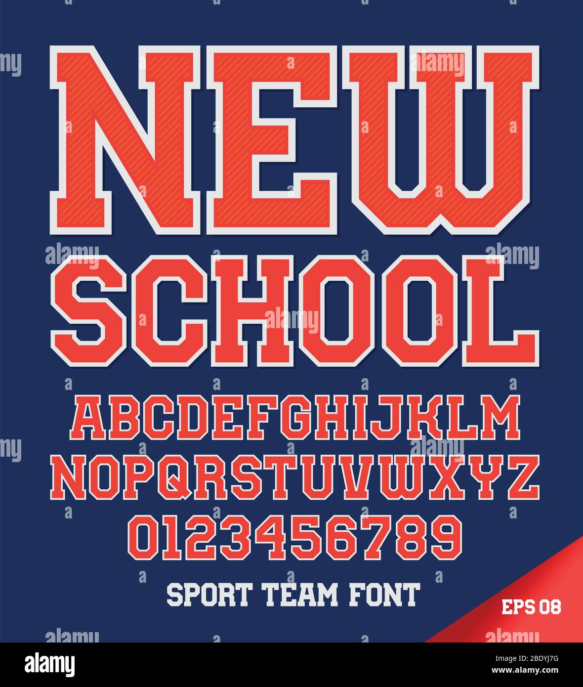 Classic style Sport Team font. Red on blue. Letters and numbers