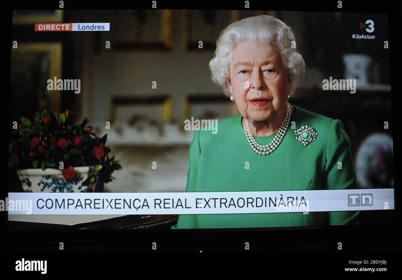 Queen Elizabeth II is shown on television as something exceptional to give a message of union and confidence in the fight against the coronavirus Stock Photo