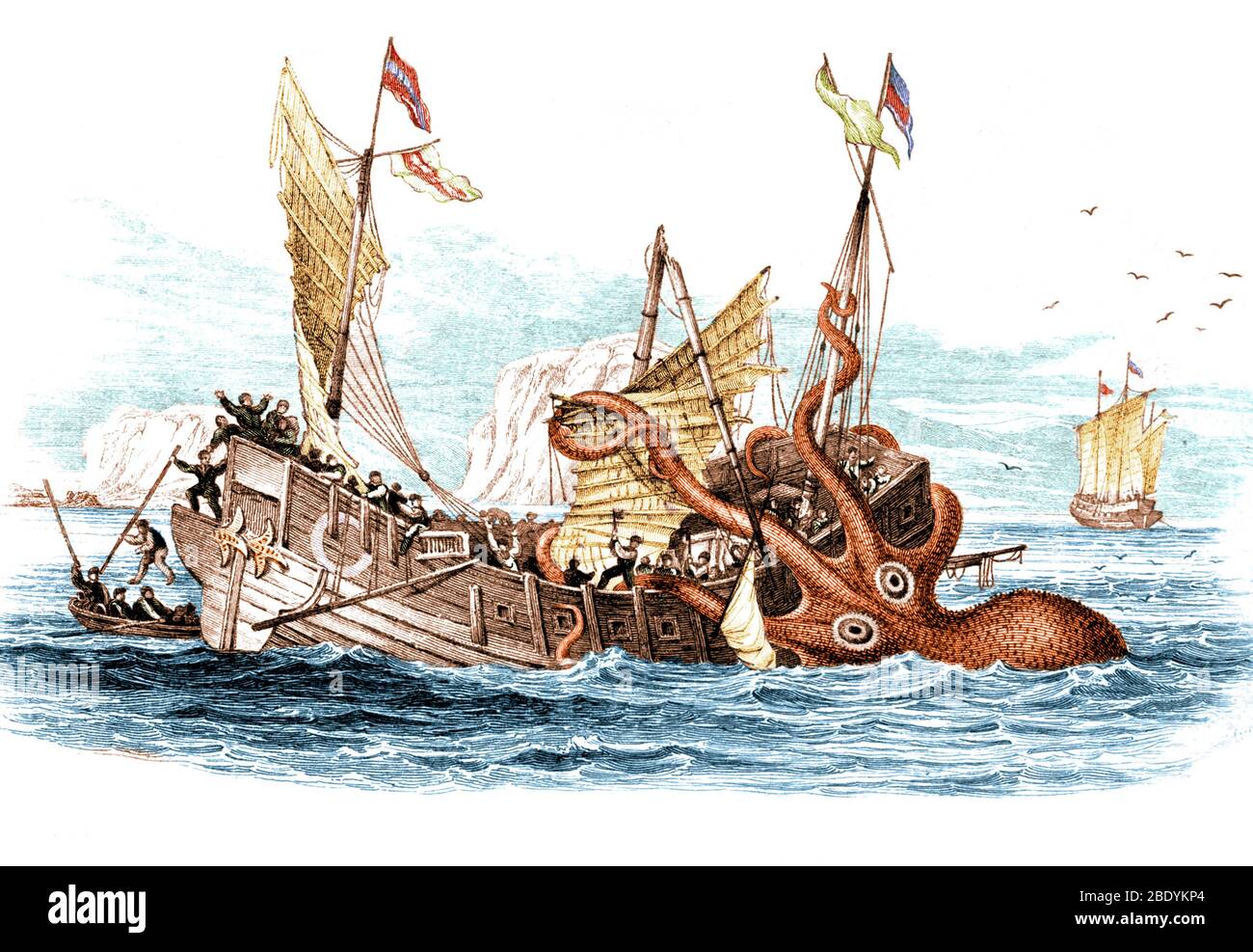 Giant Squid Attacking Ship, 1833 Stock Photo