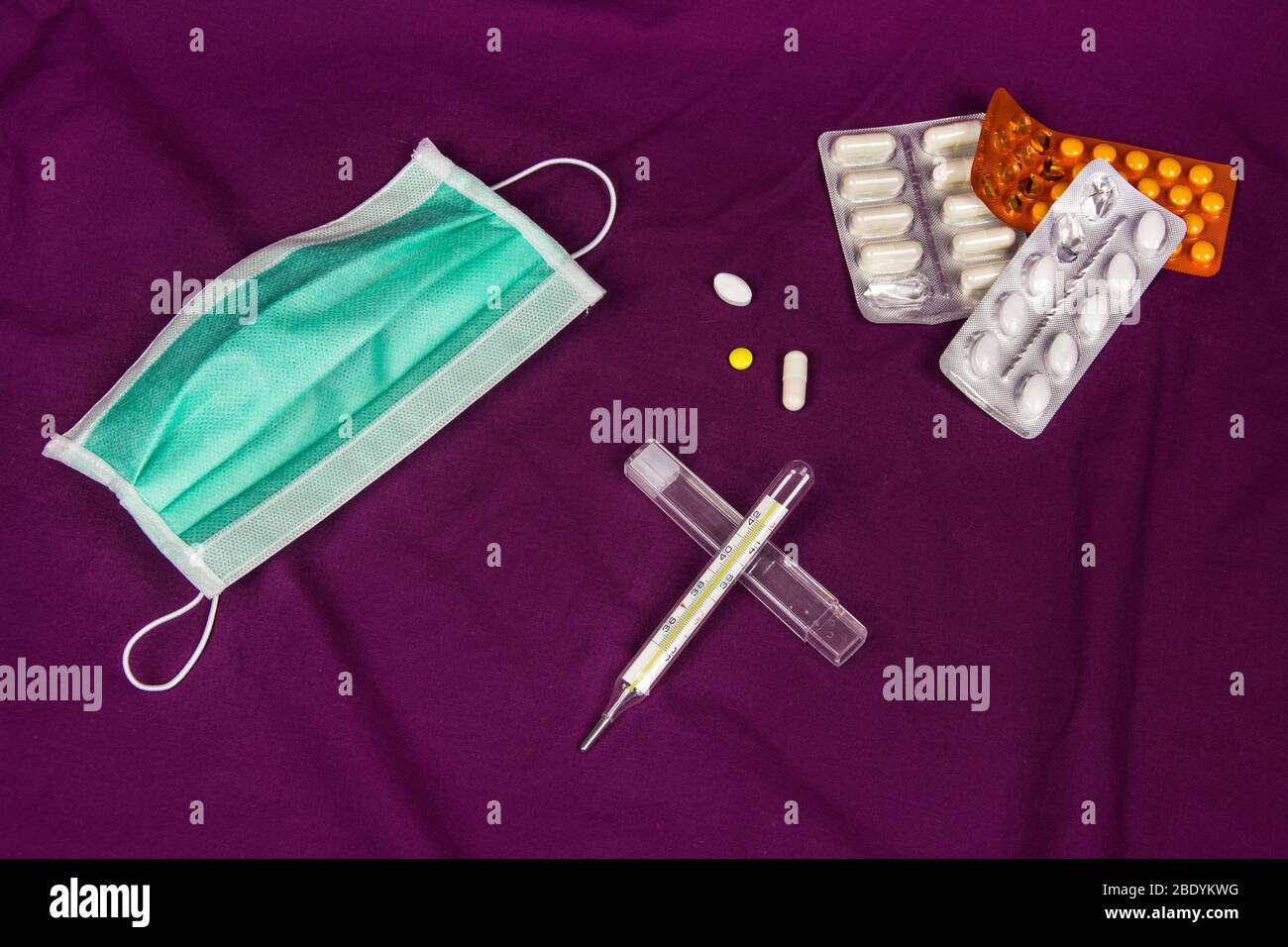 virus protection, face mask, thermometer and medicine, tablets Stock