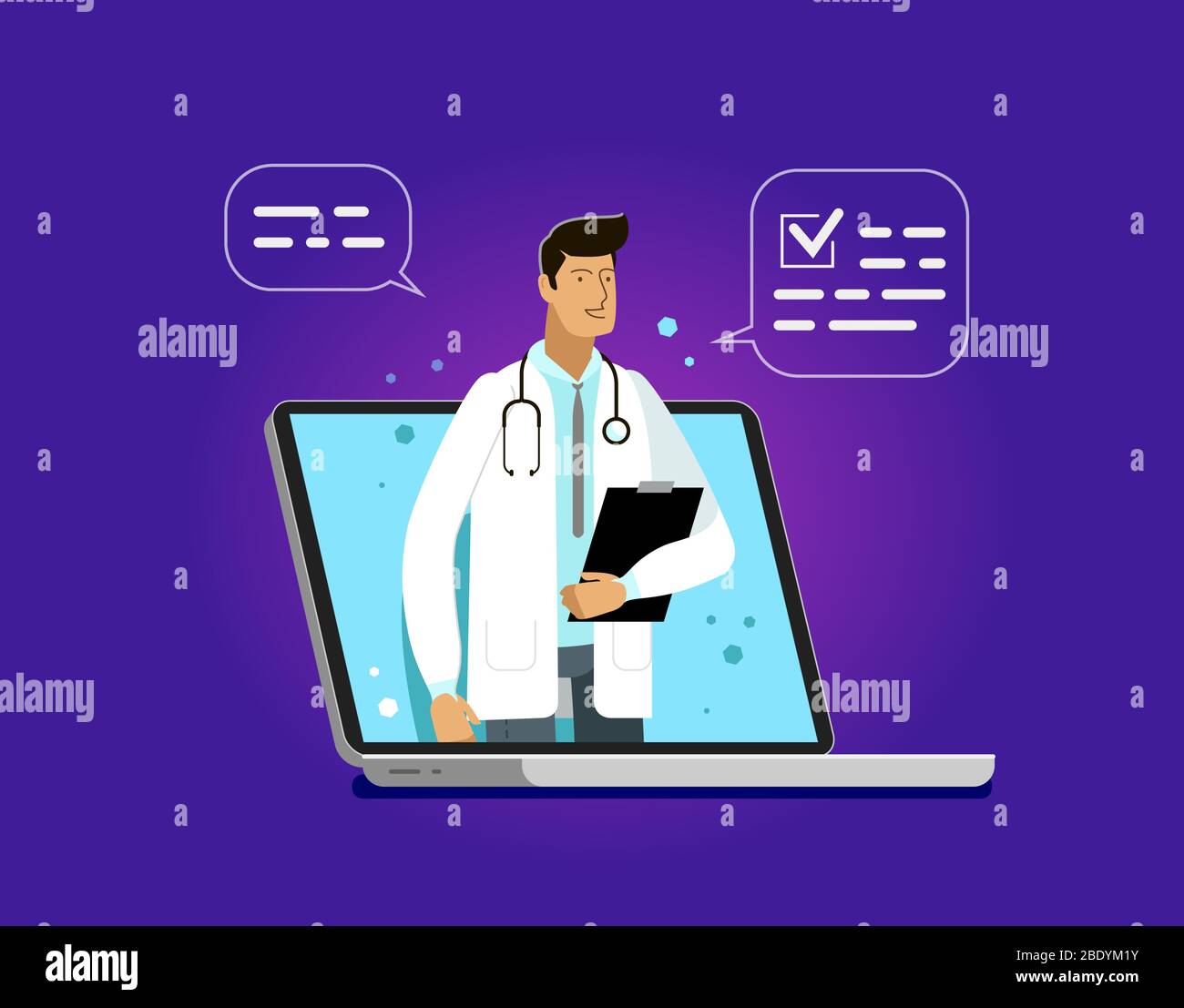 Medical services provided through an application on laptop. Health vector illustration Stock Vector