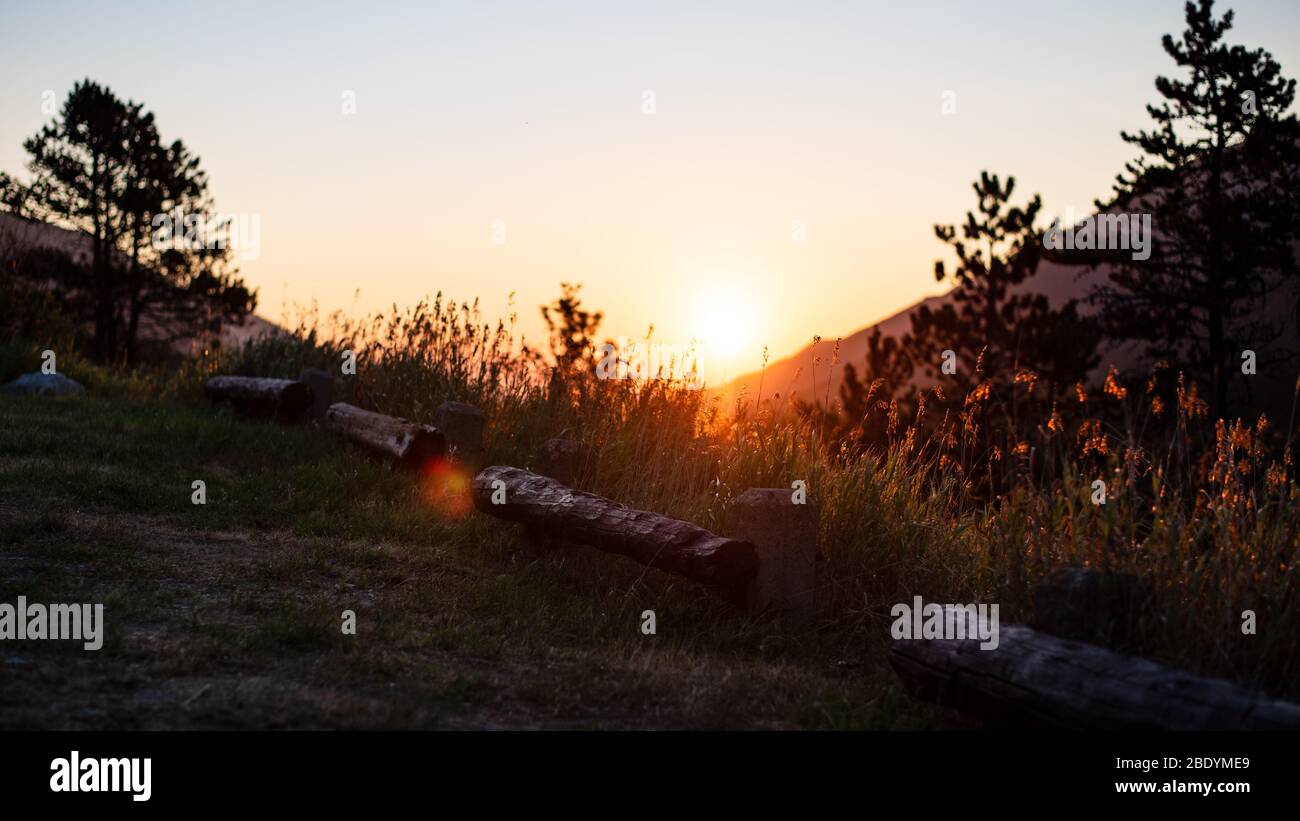 Beautiful sunrise at a trailhead in the Beartooth Mountains. Stock Photo