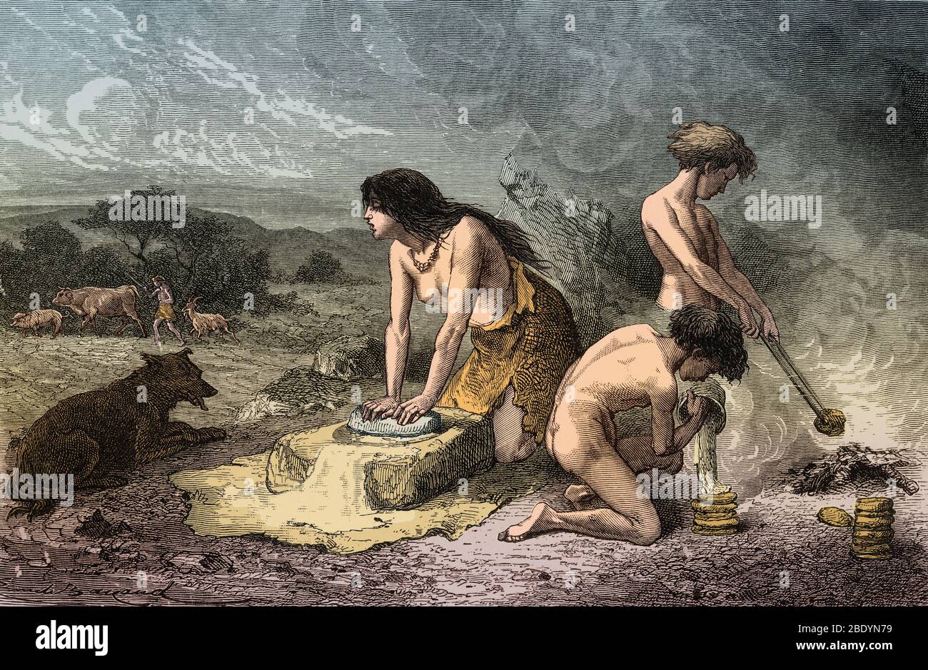 Prehistoric Man, Stone Age Hand-Grinding Stock Photo