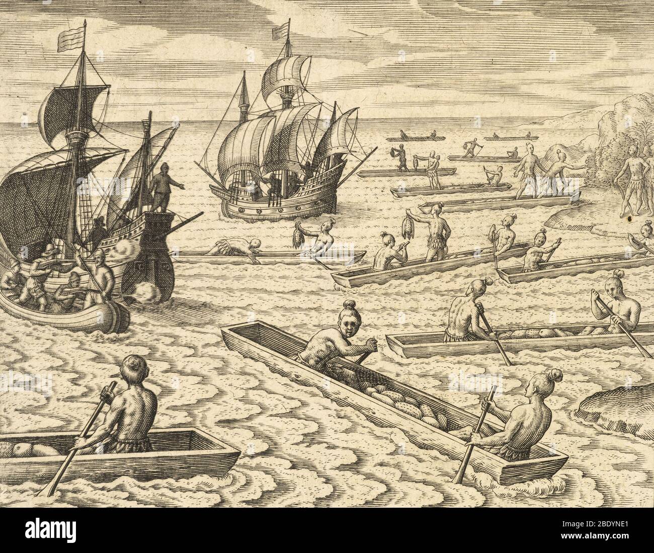 Indigenous People Approaching Ships, 16th C Stock Photo