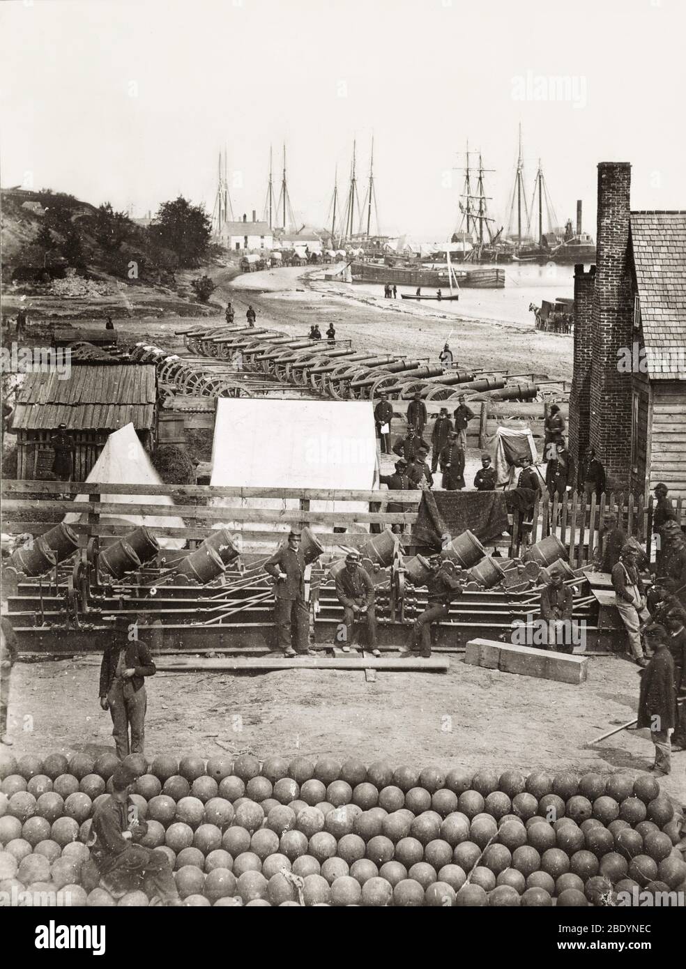 Cannons and Ships, Yorktown, Virginia, 1862 Stock Photo
