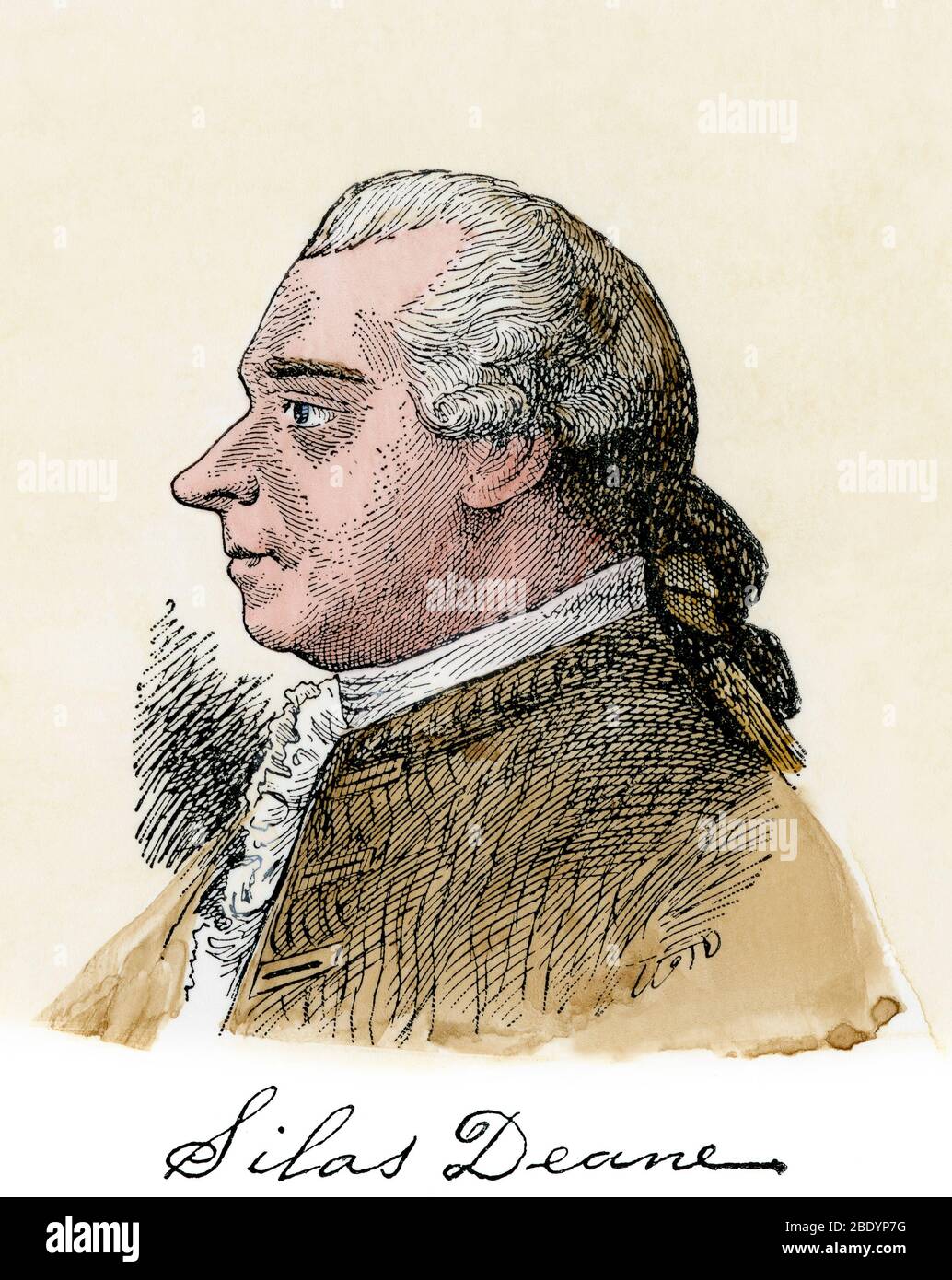 Silas Deane, with autograph, American Revolution patriot. Hand-colored woodcut Stock Photo