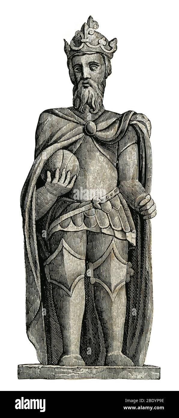 Charlemagne statue formerly in the Church of St-Julien-le-Pauvre, Paris. Hand-colored woodcut Stock Photo