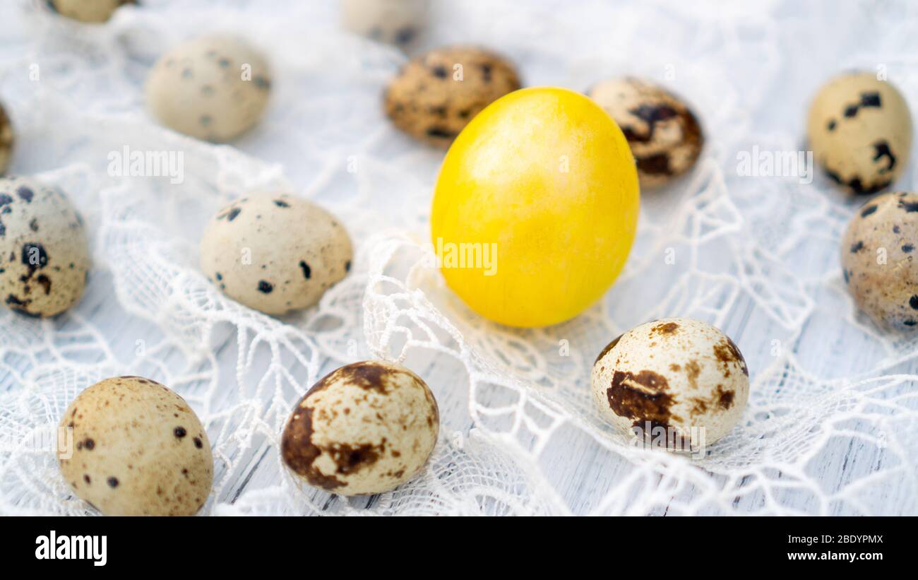 Happy Easter theme. Bright idea how to decorate Easter table. Stock Photo
