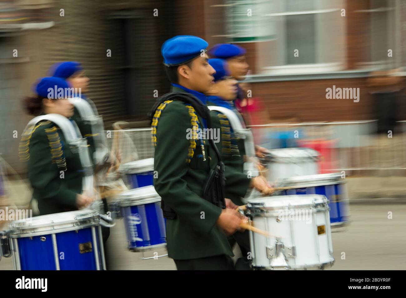 Marching band on street parade, Pilsen, Chicago, Illinois, USA Stock Photo