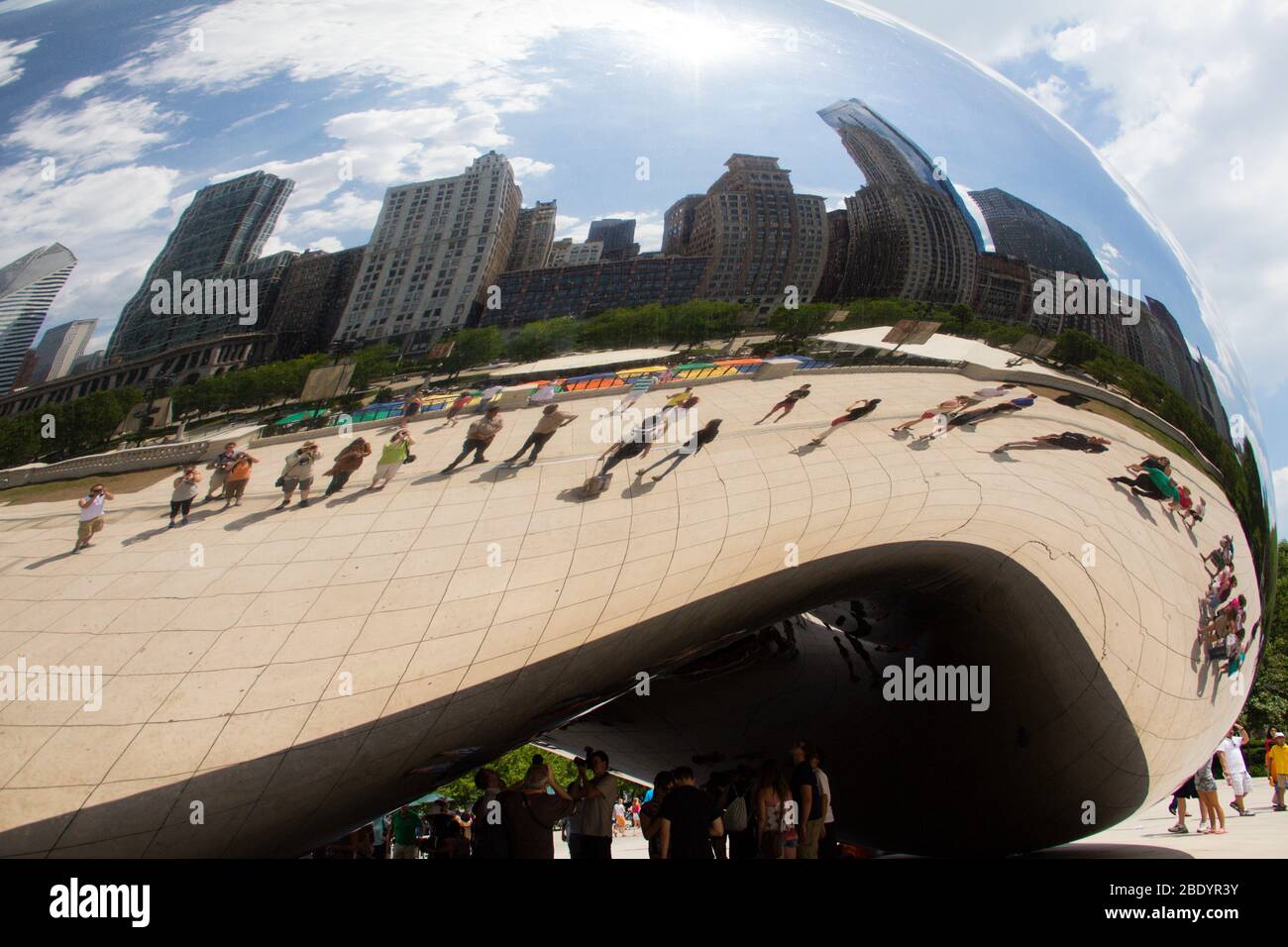 Reflection of tower blocks and street in Cloud Gate, Millennium Park