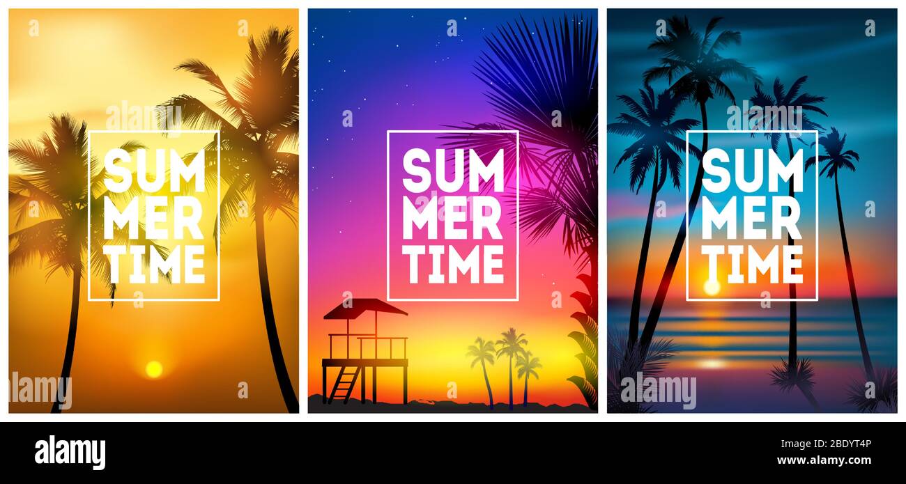 Summer tropical beach backgrounds set with palms, sky sunrise and sunset. Summer placard poster flyer invitation card. Summertime. Stock Vector