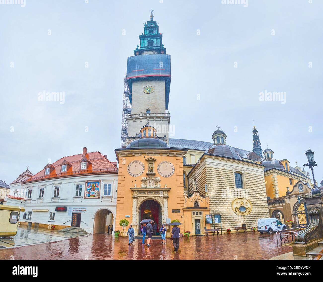 CZESTOCHOWA, POLAND - JUNE 12, 2018: Panoramoc view on the courtyard of Jasna Gora monastery with splendid ensemble of Church of Holy Trinity, on June Stock Photo