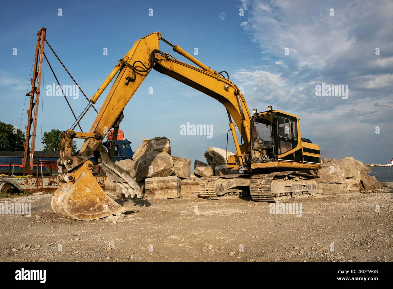 Parked Working Construction Site on Public Beach Stock Photo