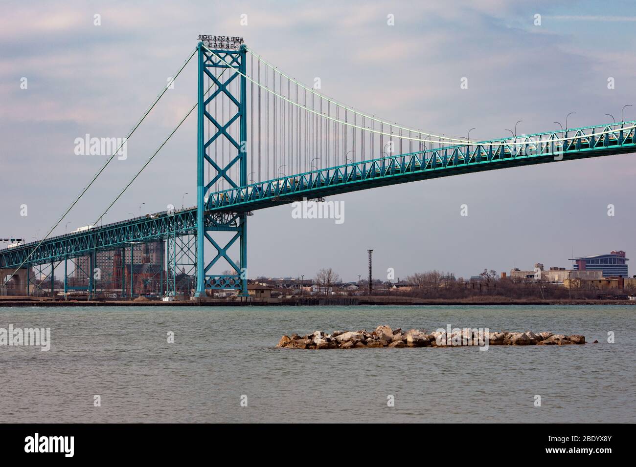View of Ambassador Bridge International Border Crossing from Windsor Ontario Stock Photo