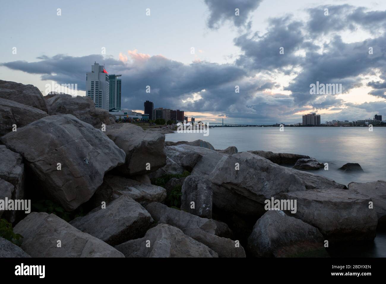 Twilight Scene of Windsor Ontario with a Detroit River View on a cloudy day Stock Photo