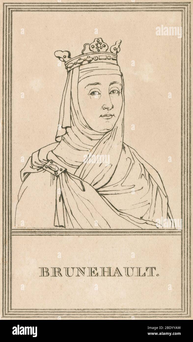 Antique engraving, Brunhilda of Austrasia. Brunhilda (c543-613) was queen consort of Austrasia, part of Francia, by marriage to the Merovingian king Sigebert I of Austrasia, and regent for her son, grandson and great grandson. SOURCE: ORIGINAL ENGRAVING Stock Photo