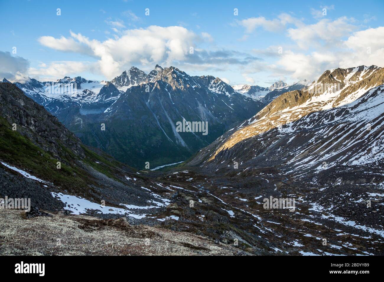Pure wilderness of the remote Talkeetna Mountains miles from civilization as the snow melts in spring. Stock Photo