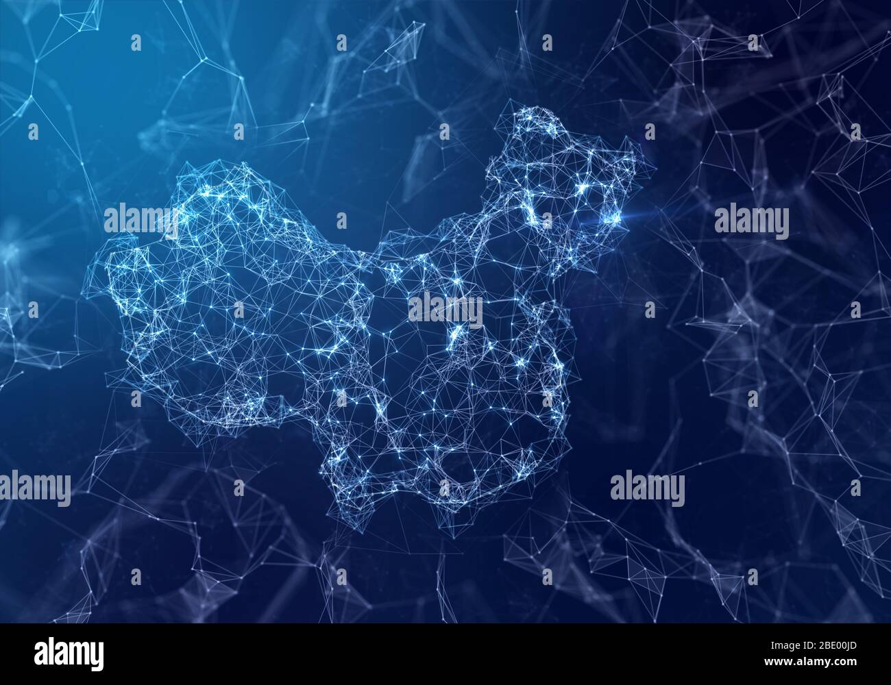 The map of China indicating a connected web of dots and lines. (series) Stock Photo
