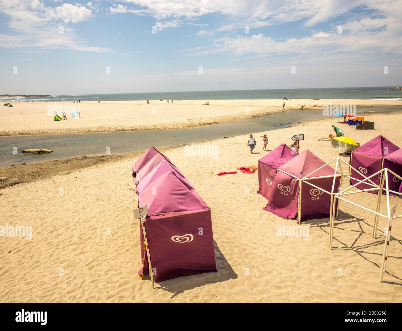 Beach tents at the coastal resort of vila praia de ancora Northern Portugal Stock Photo