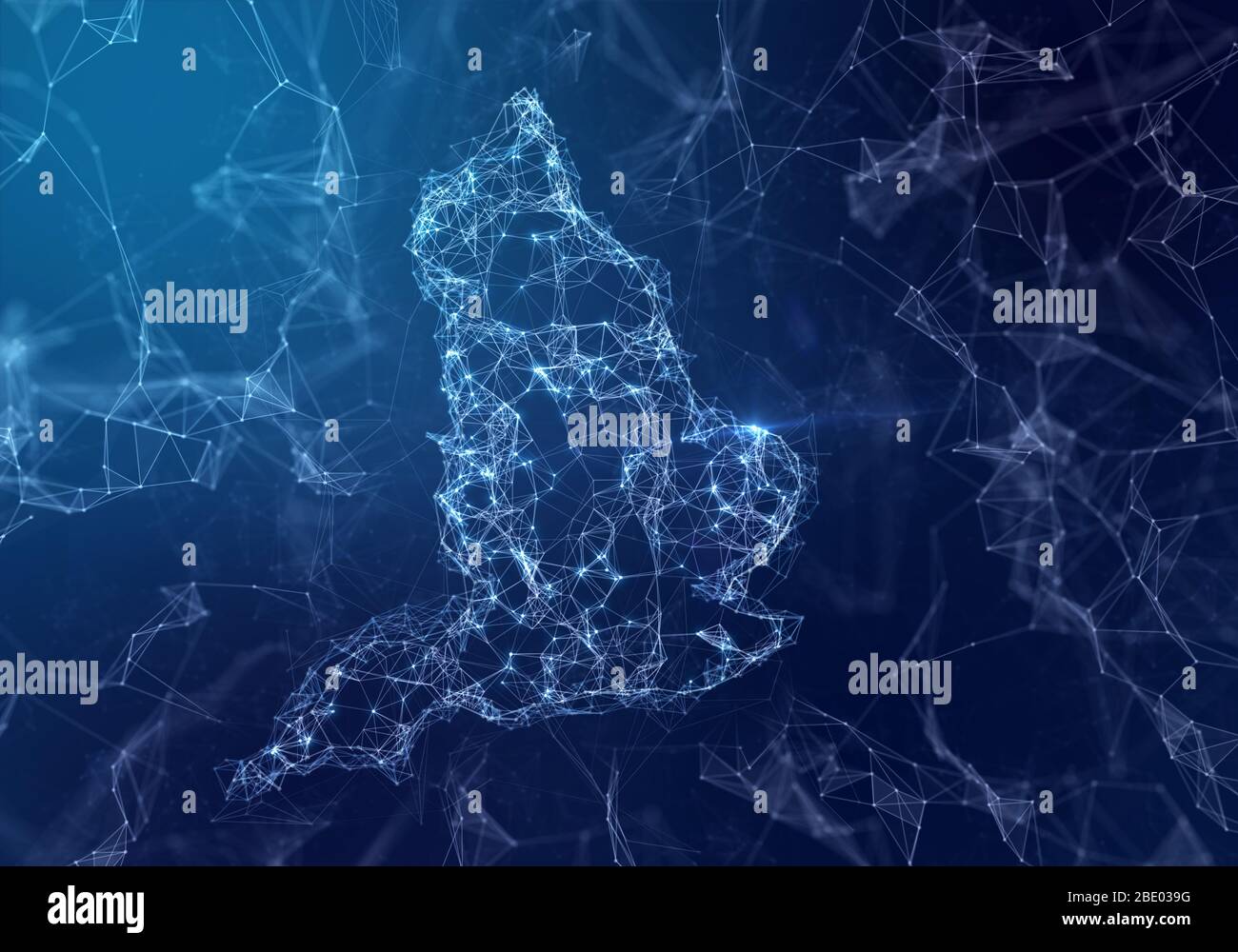 The map of England indicating a connected web of dots and lines. (series) Stock Photo