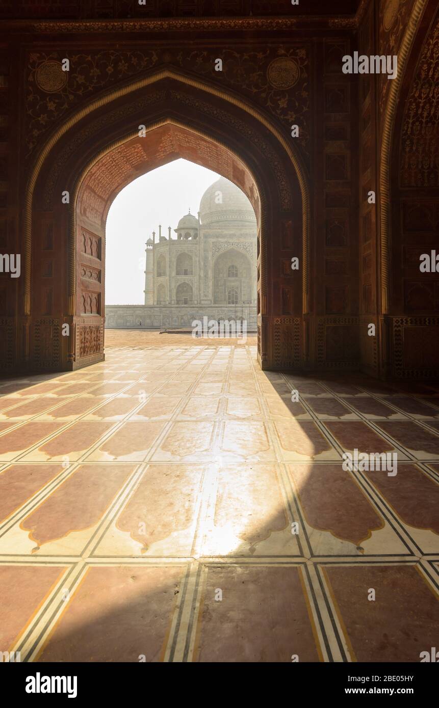 Agra, India - 5 May 2015: Perspective of the Taj Mahal main mausoleum ...