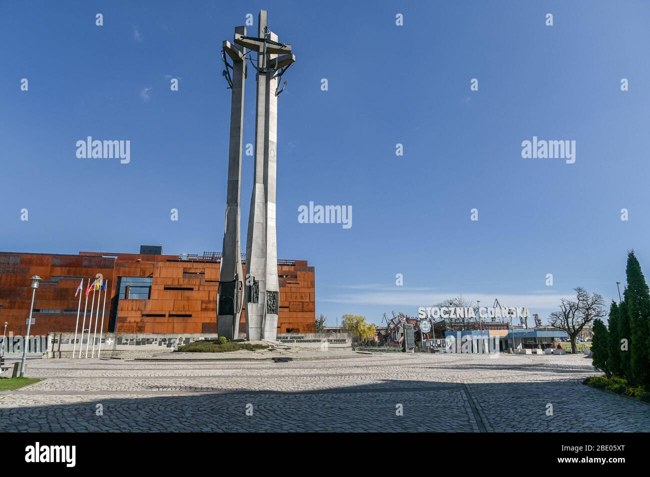 Gdansk, Poland. 10th Apr, 2020. Solidarity Square and Monument of the Fallen Shipyard Workers close to the historic gate No. 2 of the Gdansk Shipyard in Gdansk.Gdansk Shipyard is a large Polish shipyard. The yard gained international fame when Solidarity (Solidarnosc) was founded there in September 1980. It is situated on the left side of Martwa Wisla River and on Ostrow Island. Credit: Mateusz Slodkowski/SOPA Images/ZUMA Wire/Alamy Live News Stock Photo