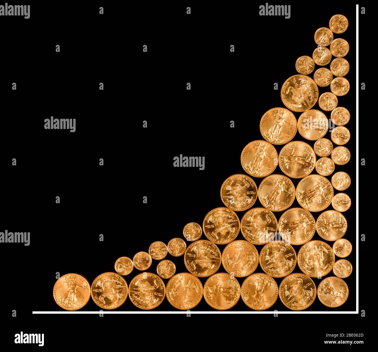 Many gold coins arranged as a graph to illustrate the rise in price of pure gold as an investment Stock Photo