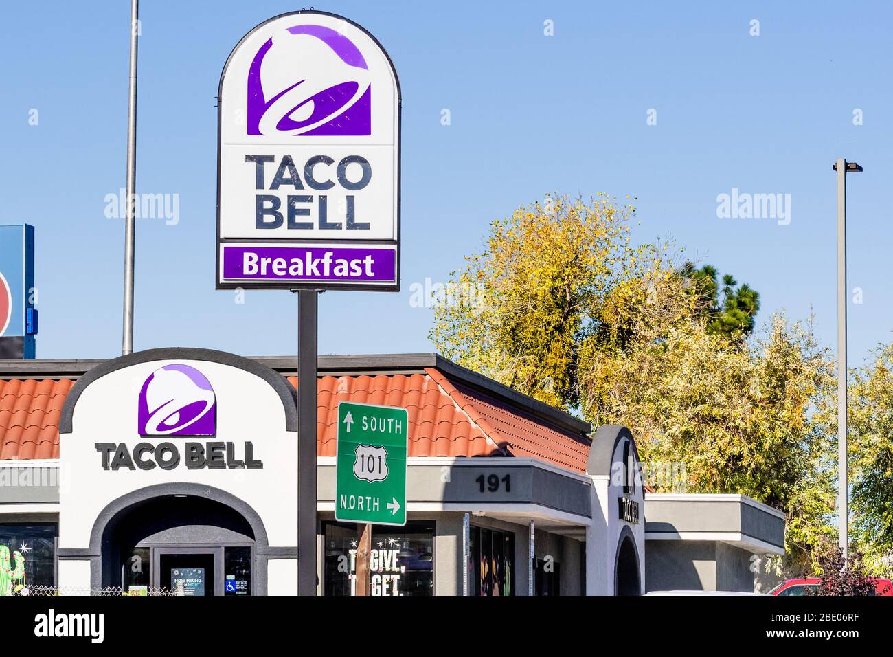 Dec 9, 2019 Santa Maria / CA / USA - Taco Bell location at a rest area in South California; Taco Bell is an American chain of fast food restaurants an Stock Photo
