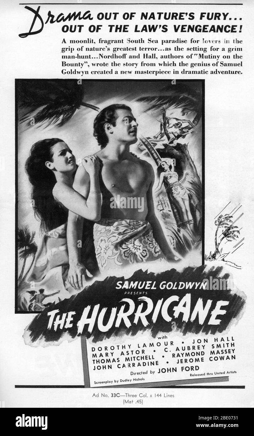 DOROTHY LAMOUR and JON HALL in THE HURRICANE 1937 director JOHN FORD  novel Charles Nordhoff and James Norman Hall special effects James Basevi The Samuel Goldwyn Company / United Artists Stock Photo