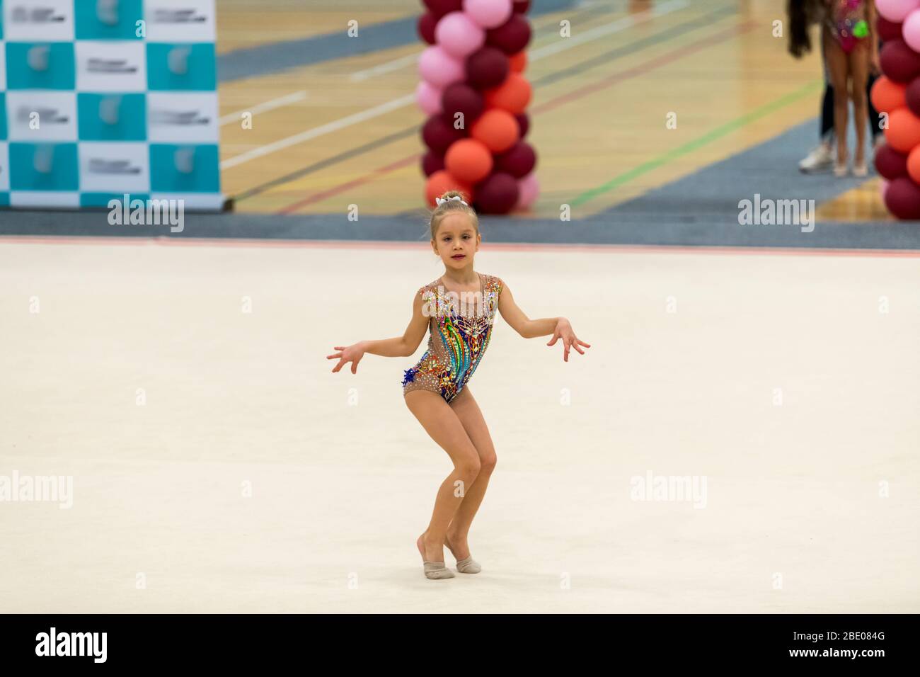 Portrait of a young gymnast. Portrait of a 7 years old girl in rhythmic