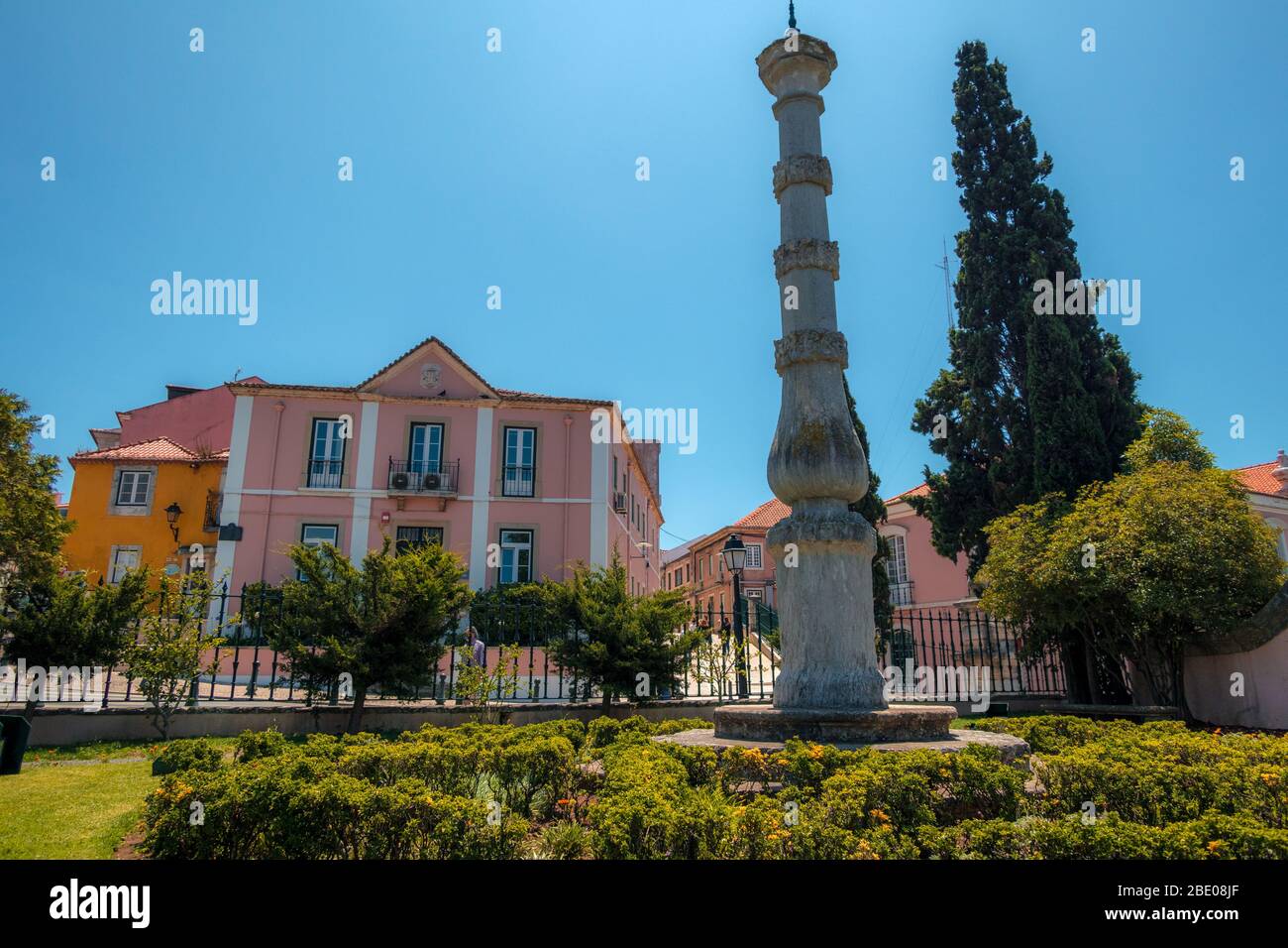 The Pelourinho or Picota , Pillory of Oeiras, a column of stone whipping post where criminals were punished and exposed in Oeiras Portugal. Stock Photo