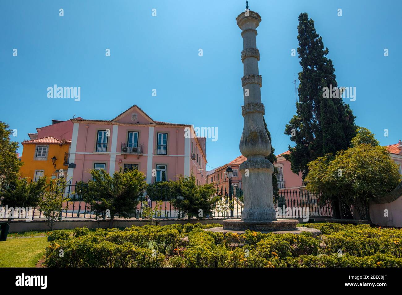 The Pelourinho or Picota , Pillory of Oeiras, a column of stone whipping post where criminals were punished and exposed in Oeiras Portugal. Stock Photo