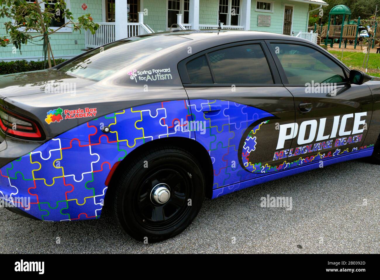 Melbourne Beach, Florida, USA. April 10, 2020. April is Autism Awareness  Month and the Melbourne Beach Police Department has teamed up with Puzzle  Box Academy, Spring Forward for Autism, Florida Vehicle Wraps