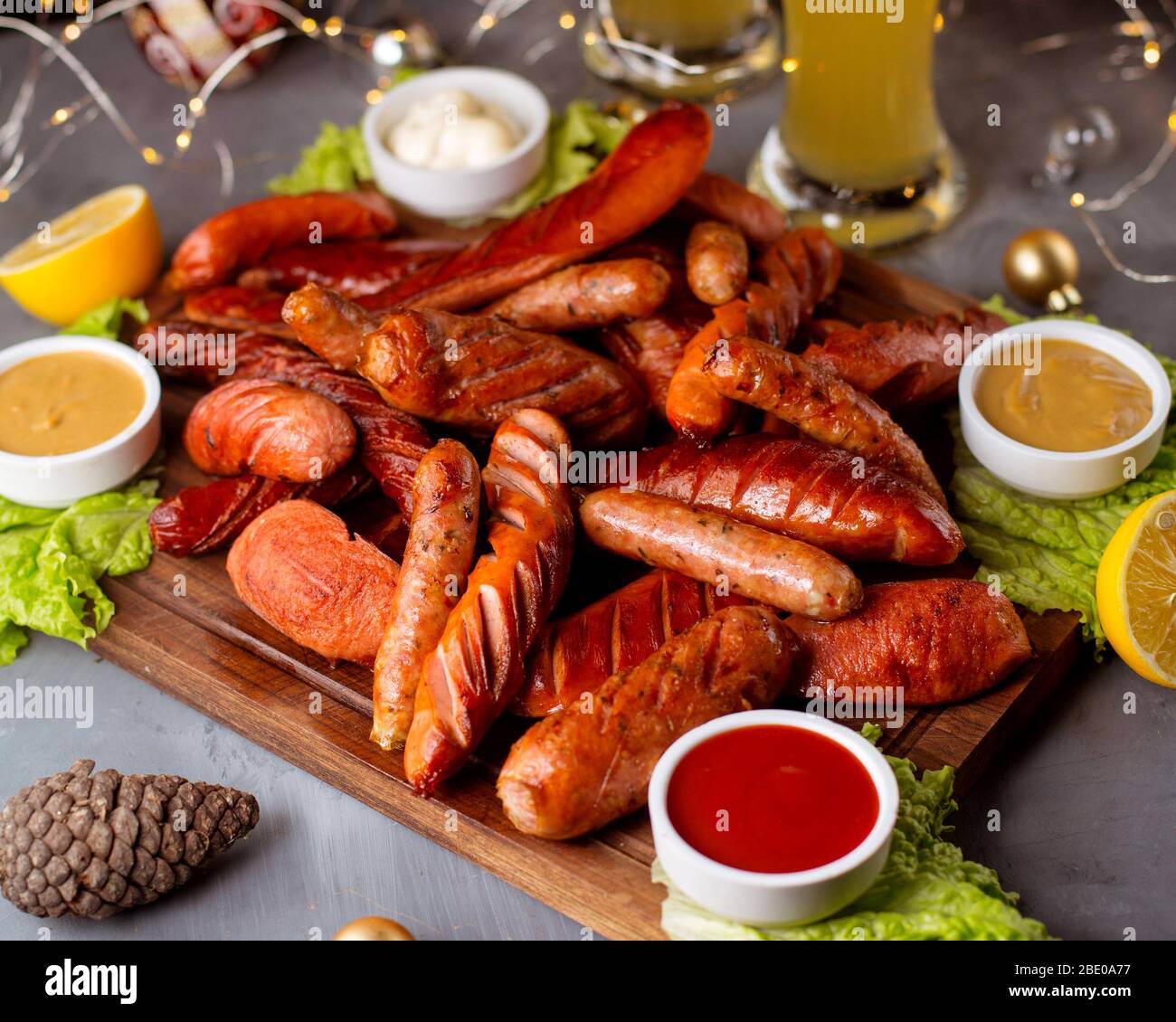 mixed fried sausages with ketchup and mustard Stock Photo Alamy