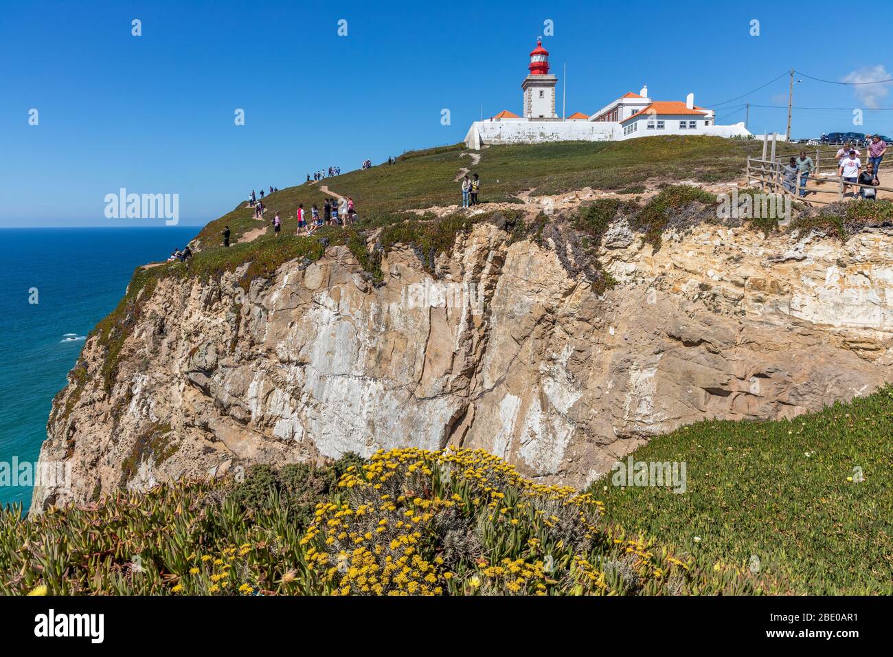Cabo da Roca Viewpoint looking out to sea, part of a national park, with a lighthouse.  Near Azóia Colares, near Lisbon Portugal Stock Photo