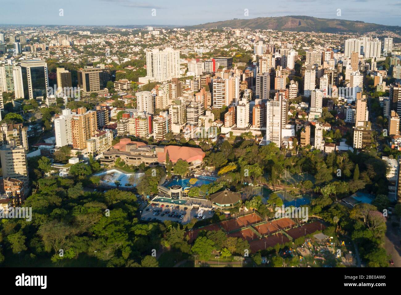 Porto Alegre, Rio Grande do Sul state in Brazil aerial view. Afternoon Upscale residential neighborhood with green area for sports practice. Stock Photo