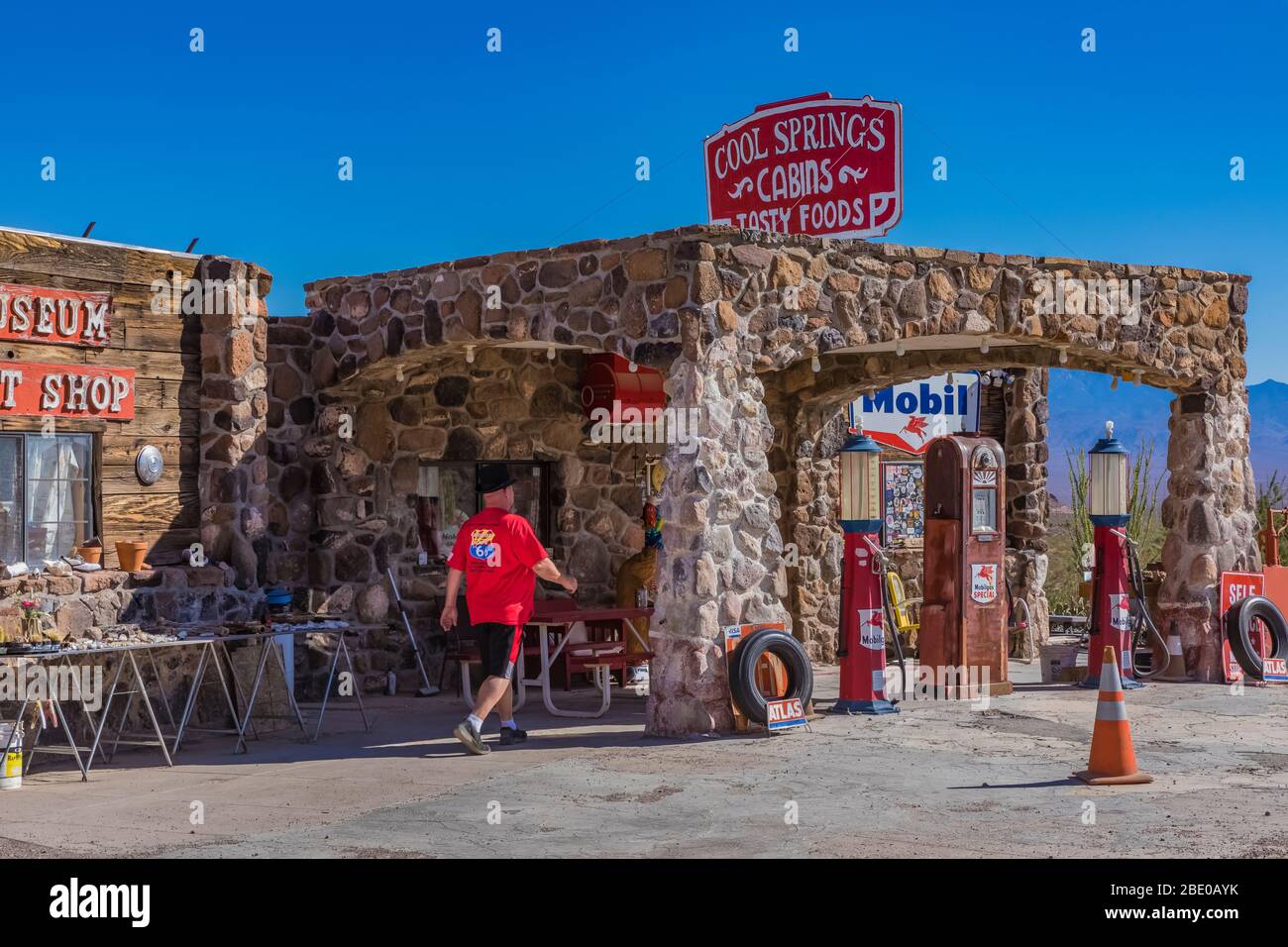 The old stone Cool Springs Station rebuilt in the early 2000s along Historic Route 66 in Arizona, USA [No model or property release; available for edi Stock Photo