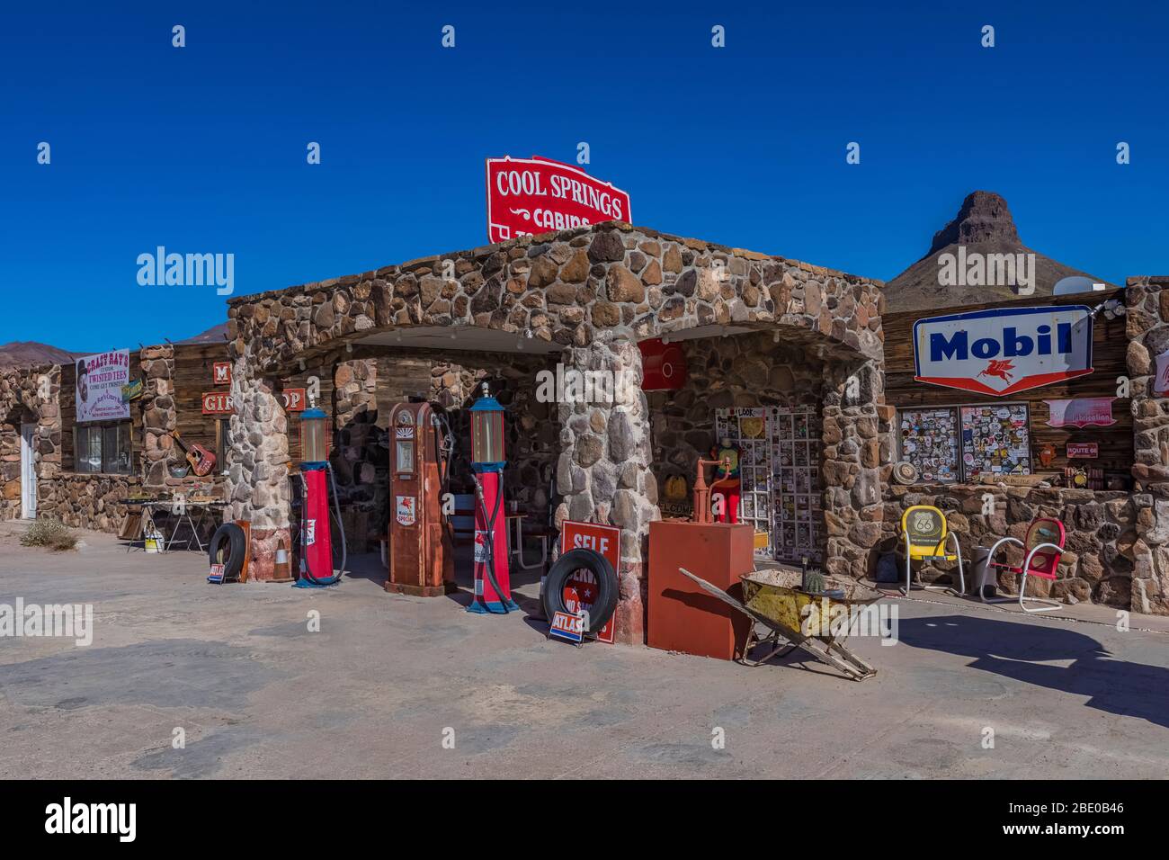 The old stone Cool Springs Station rebuilt in the early 2000s along Historic Route 66 in Arizona, USA [No property release; available for editorial li Stock Photo