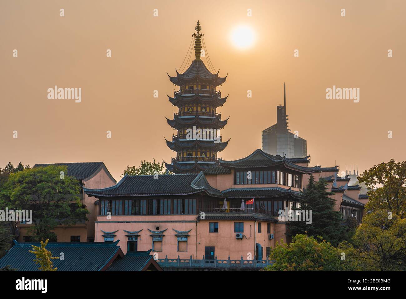 NANJING, CHINA - NOVEMBER 08: This is a view of the Jiming Buddhist Temple building during sunset on November 08, 2019 in Nanjing Stock Photo
