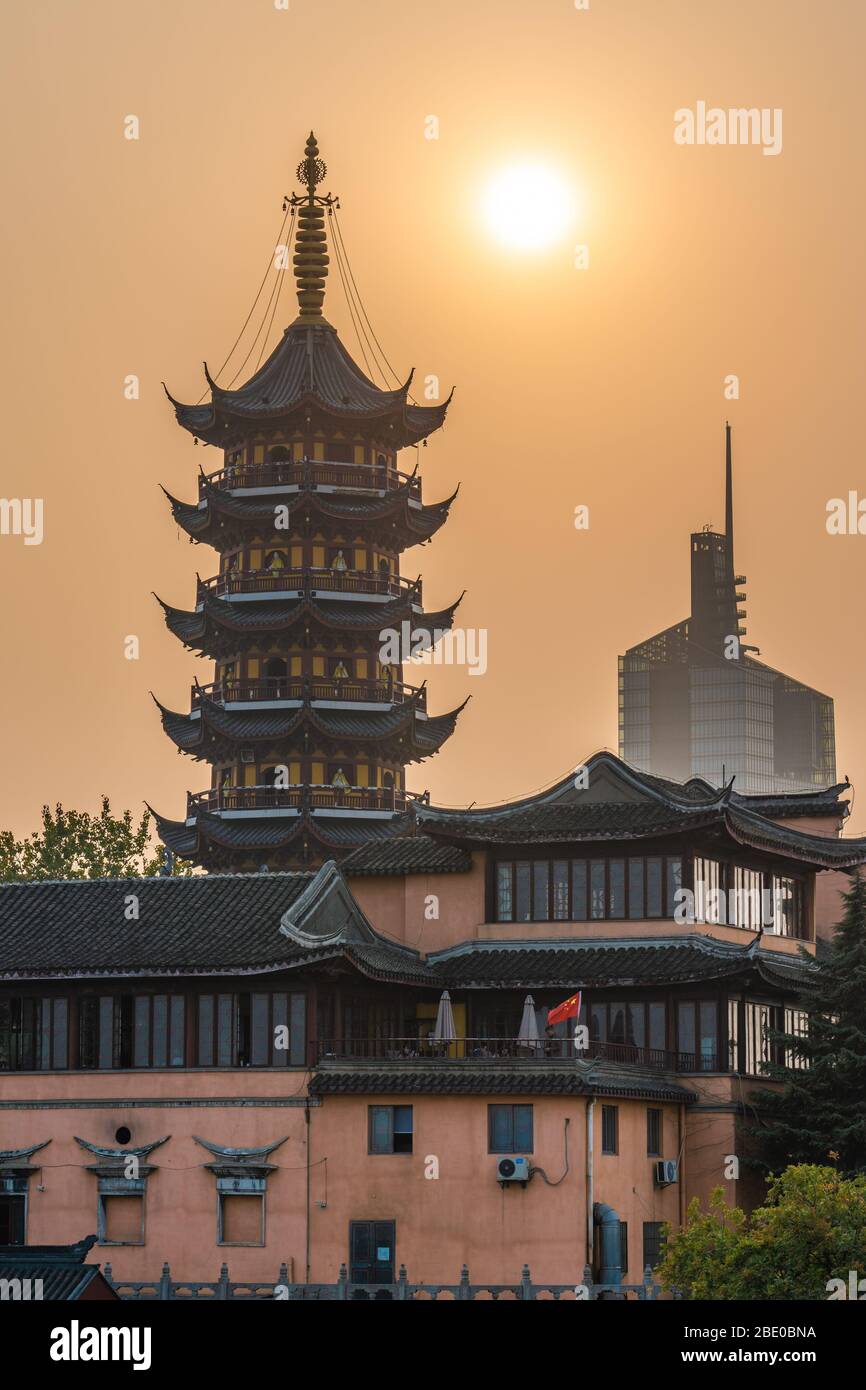 NANJING, CHINA - NOVEMBER 08: This is a view of the Jiming Buddhist Temple building during sunset on November 08, 2019 in Nanjing Stock Photo