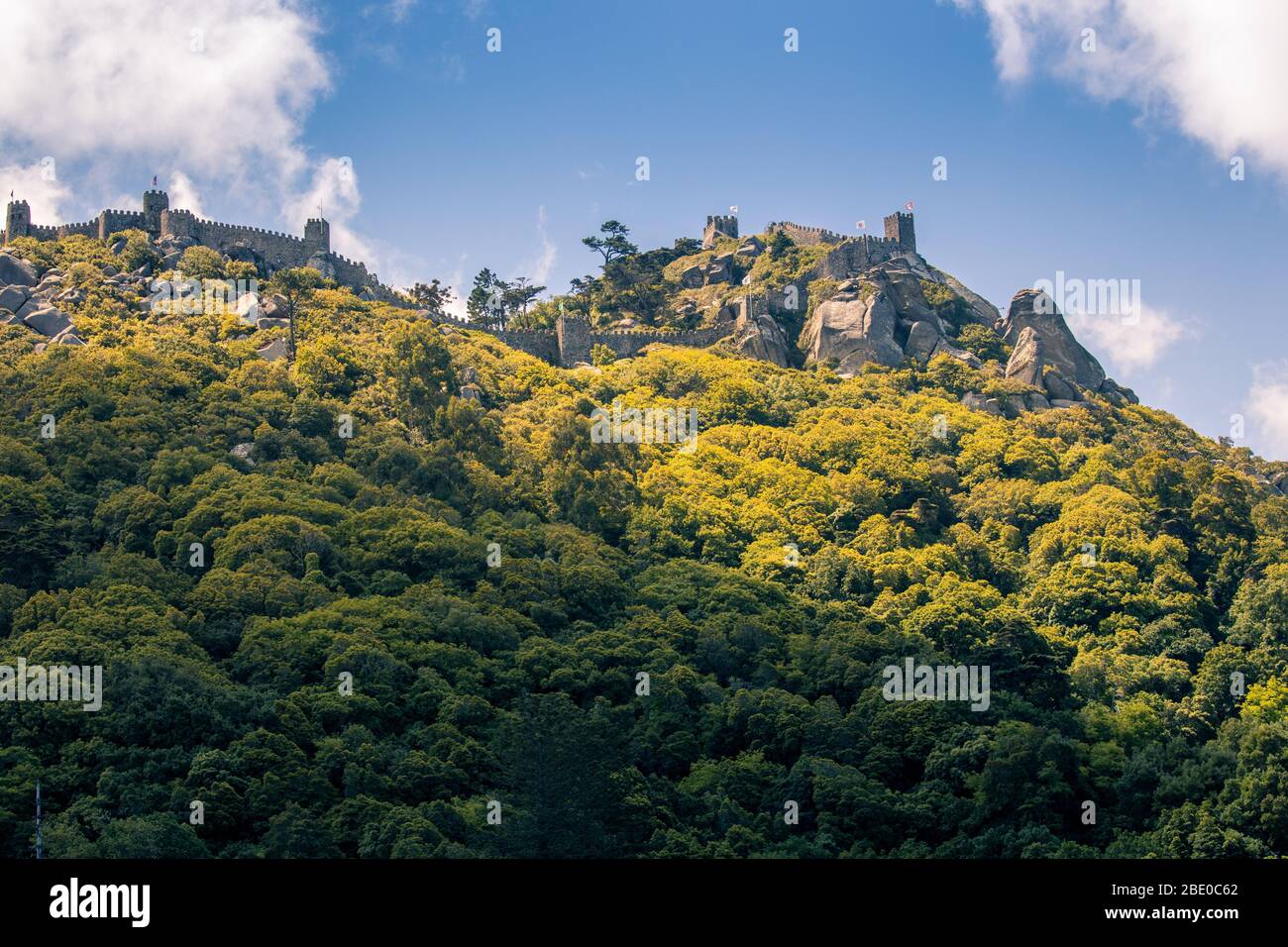 Portuguese hilltop castle at Sintra. The castle was built by the Moors in the 10th century following their successful conquest of Portugal and Spain Stock Photo