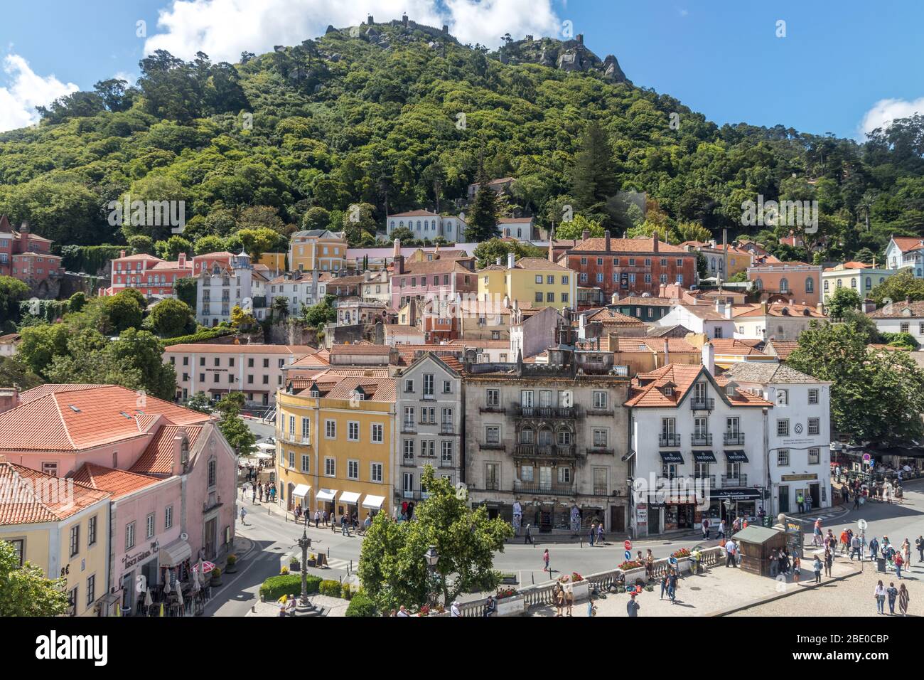 Castle overlooking a street view of Sintra near Lisbon Portugal Stock Photo