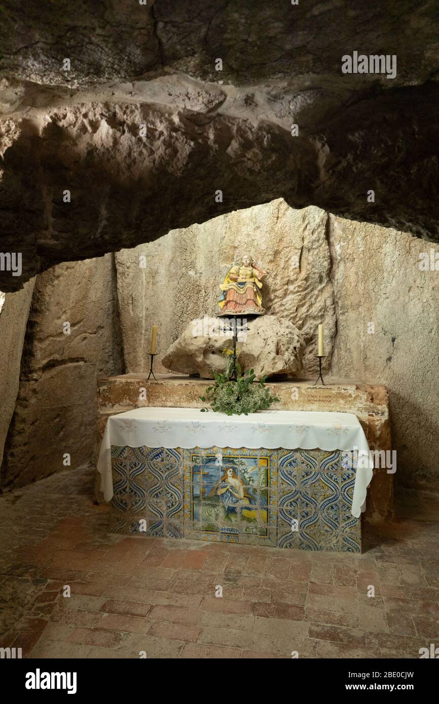 Anta-Capela of Alcobertas is a christian dolmen which is an ancient type of single-chamber megalithic tomb turned into a side chapel, Portugal Stock Photo