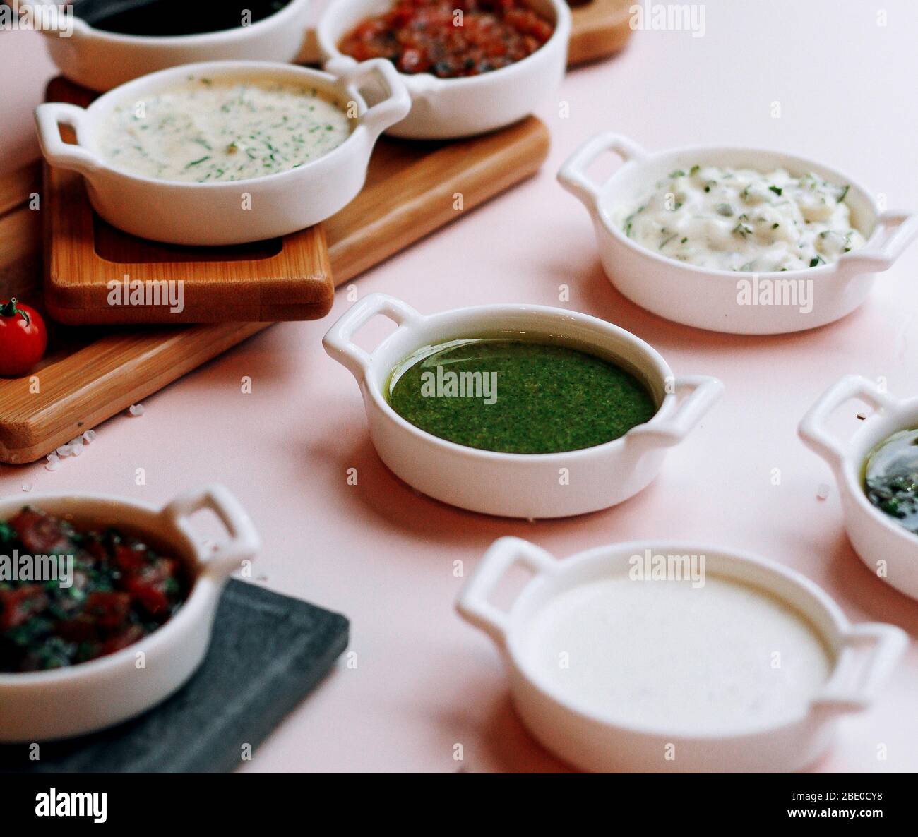 various salads and soups on the table Stock Photo