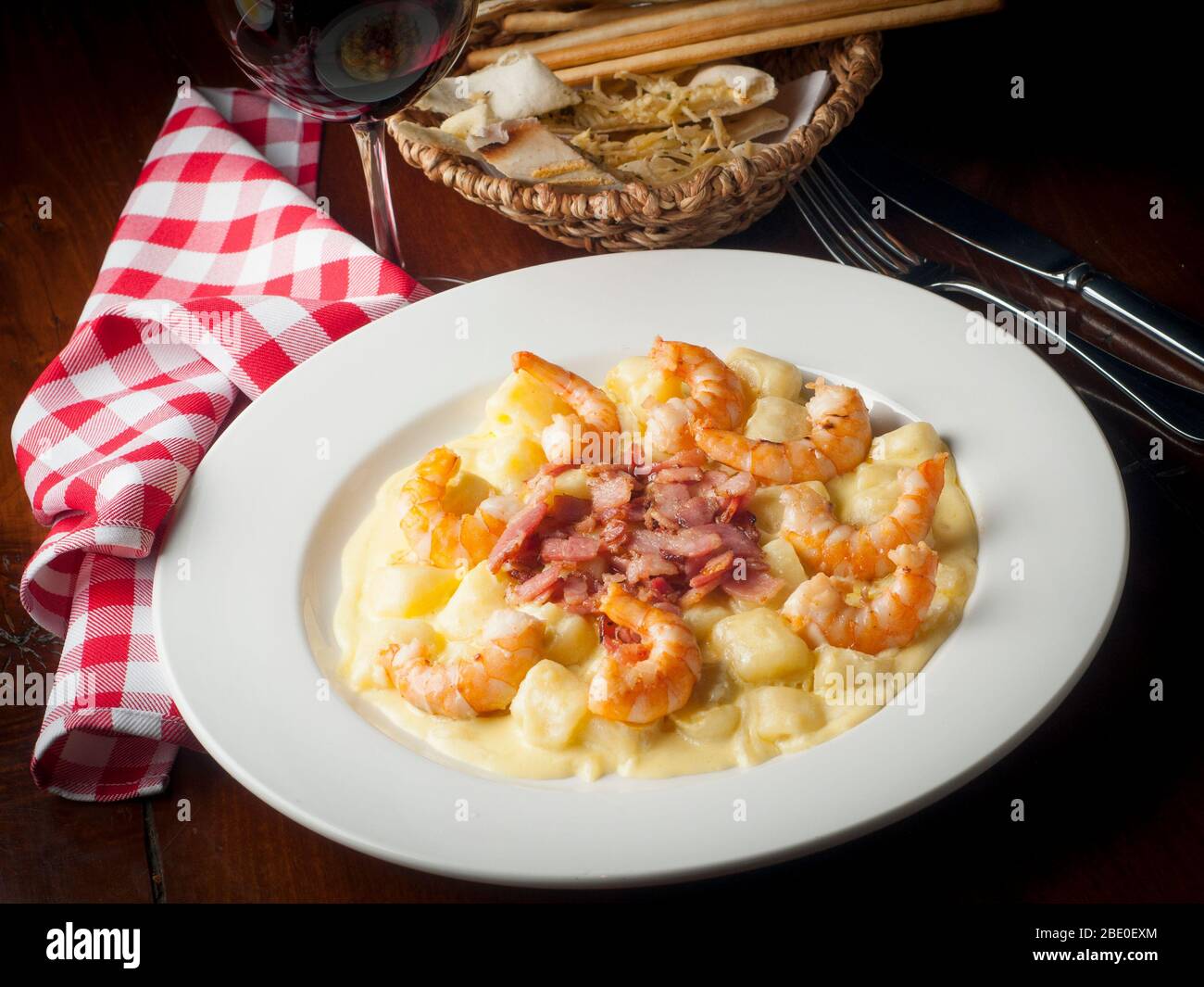 delicious gnocchi with shrimp and bacon Stock Photo