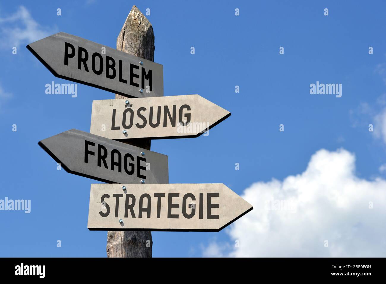 Problem, Losung, Frage, Strategie - signpost Stock Photo